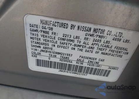 2008 Infiniti G35 Journey from USA, damaged, VIN JNKBV61E98M221557